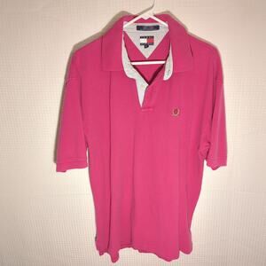 Tommy Hilfiger XL Pink Polo Shirt Men Vintage Made Saipan Cotton Striped Placket